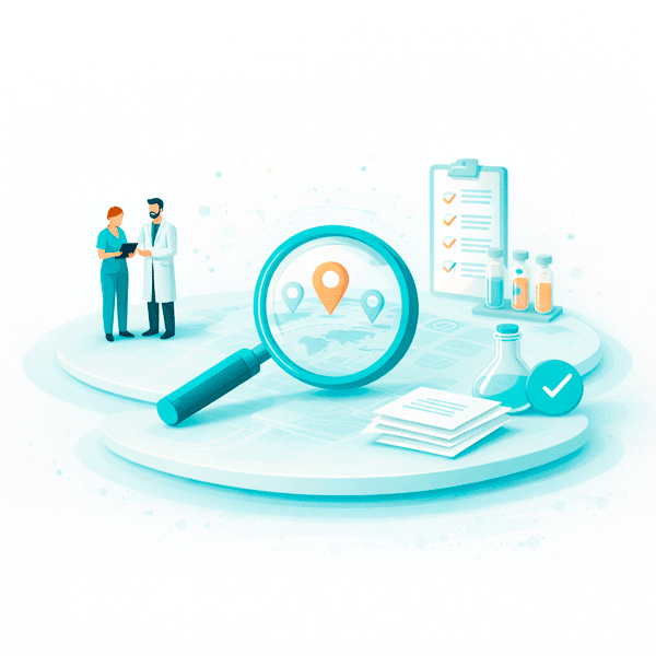 Minimalist flat vector illustration of a Clinical Trial Recruitment and Site Selection Platform showing a focused, early-stage setup with a central concept connected to key clinical trial elements, representing structured site matching and efficient study initiation.