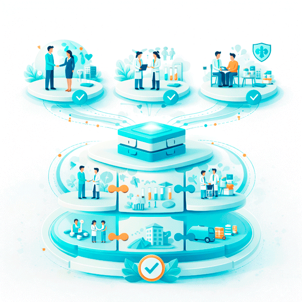 illustration of a Clinical Trial Recruitment & Site Selection Platform showing a structured, centralized system connecting multiple clinical domains, representing efficient study start-up, improved site selection processes, and coordinated clinical trial operations.