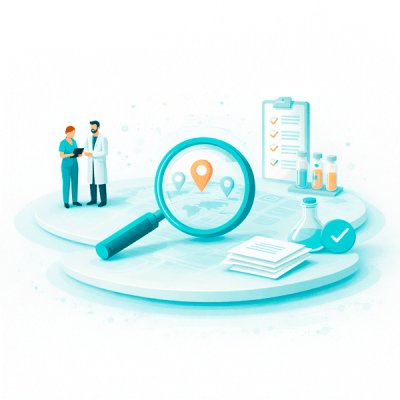Minimalist flat vector illustration of a Clinical Trial Recruitment and Site Selection Platform showing a focused, early-stage setup with a central concept connected to key clinical trial elements, representing structured site matching and efficient study initiation.