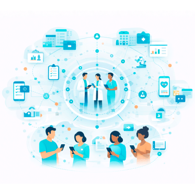 Healthcare professional network connected to organizations and patient health apps in a digital healthcare ecosystem