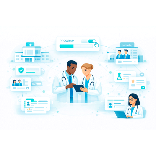 Healthcare professionals, organizations, and industry collaborating through structured programs in a shared healthcare professional network