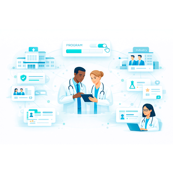 Healthcare professionals, organizations, and industry collaborating through structured programs in a shared healthcare professional network