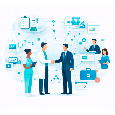 Healthcare professionals collaborating with organizations and industry through a digital healthcare network platform