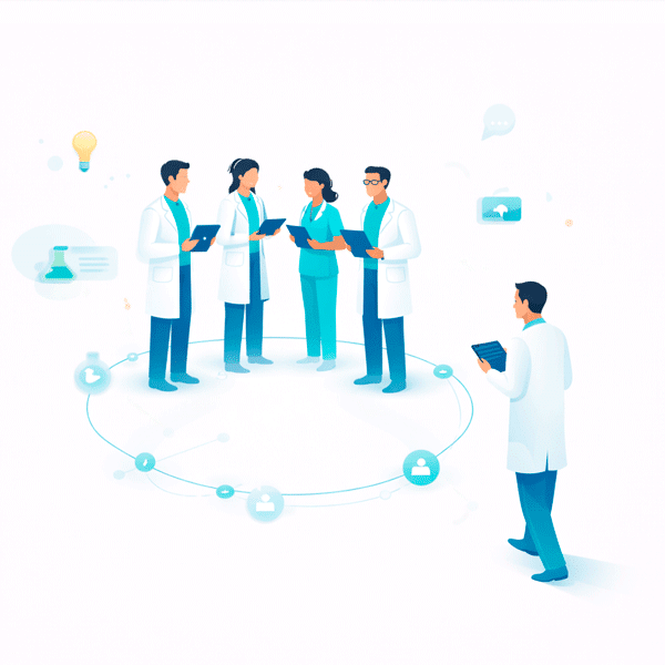 Illustration of healthcare professionals connected in a digital professional network, with a doctor joining the group through a healthcare collaboration platform