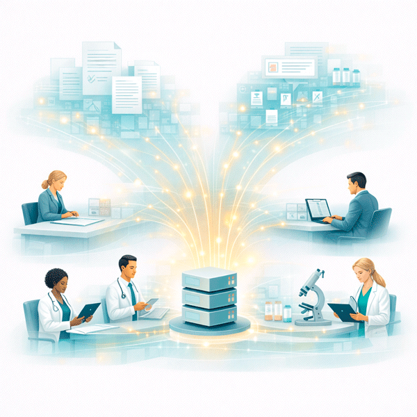 Clean flat vector illustration of a medical advisory board platform for pharma showing multiple individual contributions gradually aligning into a more structured and coherent system, representing convergence, coordination, and refined decision-making.
