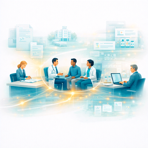 Clean flat vector illustration of a medical advisory board platform for pharma showing a continuous progression from preparation to interaction and follow-up, highlighting structured collaboration, ongoing engagement, and coordinated workflows across professional roles.