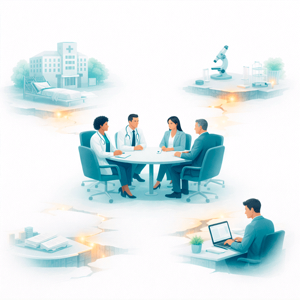 Clean flat vector illustration of a medical advisory board platform for pharma showing a well-functioning professional meeting surrounded by disconnected and misaligned environments, highlighting fragmentation before and after the meeting despite aligned discussion.