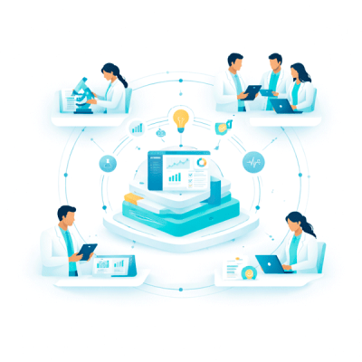 Illustration of pharma and medtech solutions connecting clinical, medical and commercial teams through a central digital platform, enabling shared data, coordination and healthcare professional engagement