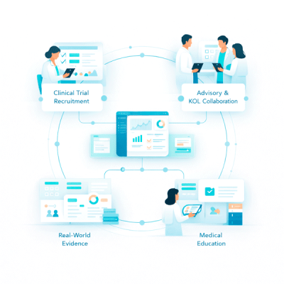 Illustration of pharma and medtech solutions enabling healthcare professional engagement across clinical research, advisory collaboration, medical education and real-world evidence within a digital platform