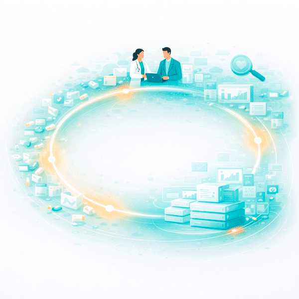 Clean flat vector illustration of a real-world evidence platform for pharma showing a continuous closed-loop system where evidence is captured, structured, and refined within a stable, self-reinforcing environment without interruption or reset.