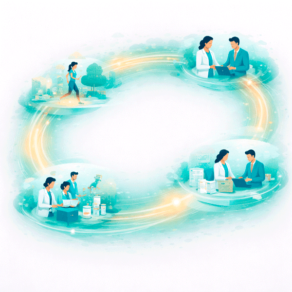 Clean flat vector illustration of a real-world evidence platform for pharma showing a continuous, self-reinforcing evidence cycle where elements circulate within a stable loop and gradually become more refined and connected over time.