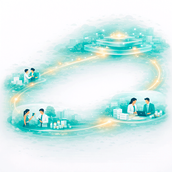 Clean flat vector illustration of a real-world evidence platform for pharma showing post-market evidence evolving from local operational activity into a stable, higher-level decision layer, representing reusable organizational intelligence and structured decision-making.