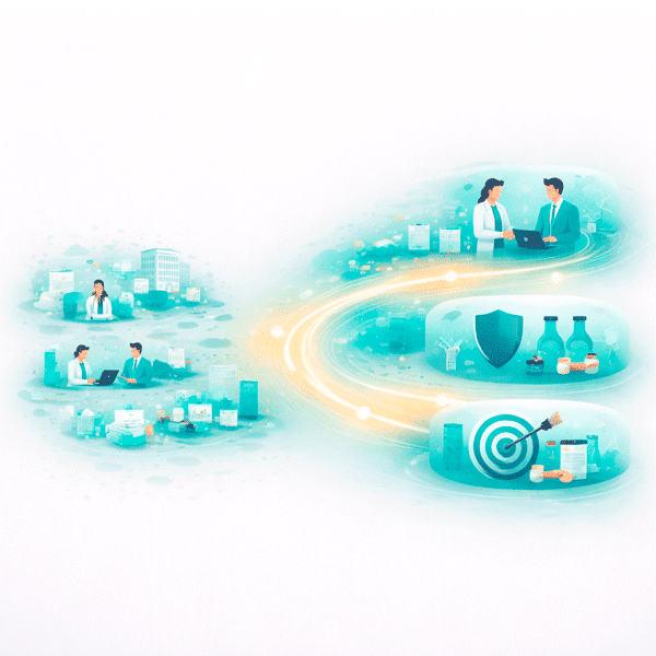Clean flat vector illustration of a real-world evidence platform for pharma showing dispersed evidence elements consolidating into fewer, stronger and more structured outcomes, representing reduced waste and increased strategic value.