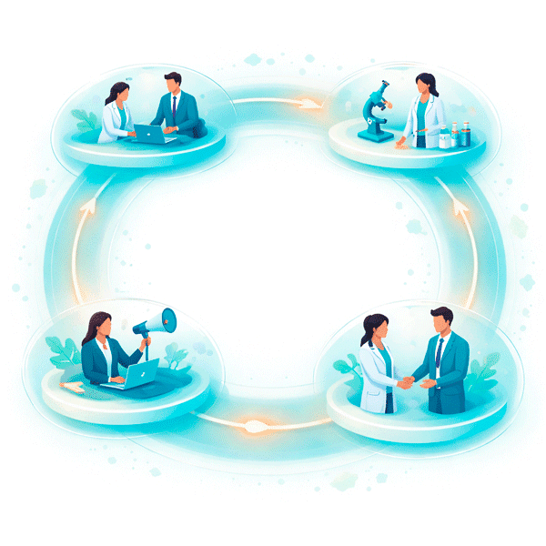 Clean flat vector illustration of a Targeted Promotion & Omnichannel Solution showing a continuous lifecycle loop where multiple stages are seamlessly connected, enabling ongoing, coordinated interaction across marketing, medical, and commercial activities
