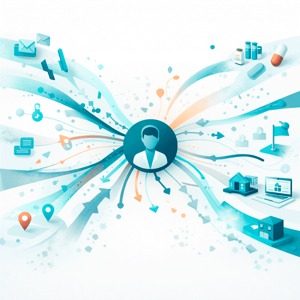 Abstract flat vector illustration of a Targeted Promotion & Omnichannel Solution showing fragmented and uncoordinated engagement flows converging on a central healthcare professional, representing HCP overload, disconnected systems, and wasted effort across multiple channels.