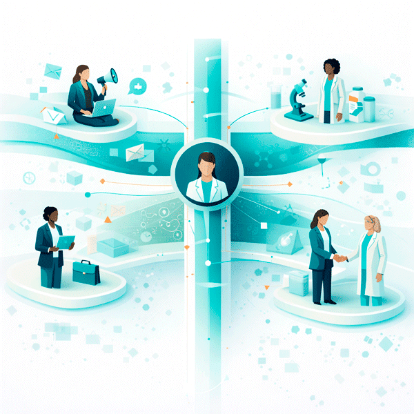 Clean flat vector illustration of a Targeted Promotion & Omnichannel Solution showing a central identity layer connected to multiple contextual domains, with structured transitions and coordinated interactions across educational, scientific, and commercial activities.