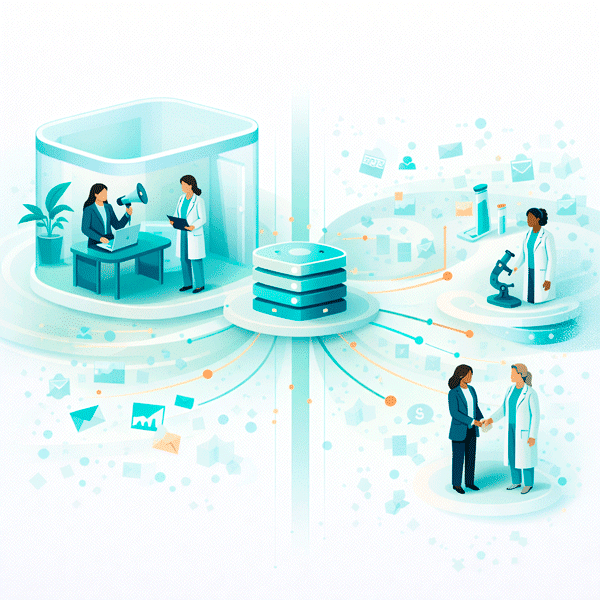 Clean flat vector illustration of a Targeted Promotion & Omnichannel Solution showing two complementary execution approaches, with a structured workspace environment and flexible embedded activities both connected to a central system, representing coordinated omnichannel execution across different operational models.