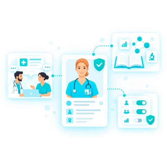 Verified healthcare professional profile connected to clinical collaboration, education, research, and personal participation controls